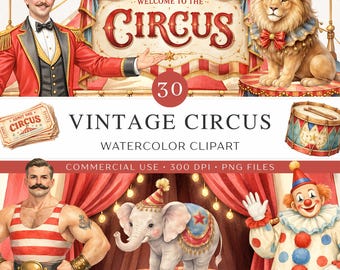 Imágenes prediseñadas de carnaval vintage / 30 imágenes PNG de circo en acuarela / Animales de circo y gráficos para fiestas de cumpleaños / Uso comercial