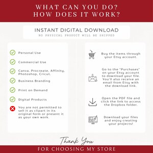 How It Works and Terms of Use information graphic for Hollywood Movie Night Clipart digital download. Lists permitted uses including personal use, commercial use, Canva, Procreate, Affinity, Photoshop, Cricut, business branding, print on demand, and digital products. Step-by-step download instructions via Etsy Purchases and Dropbox PDF link.