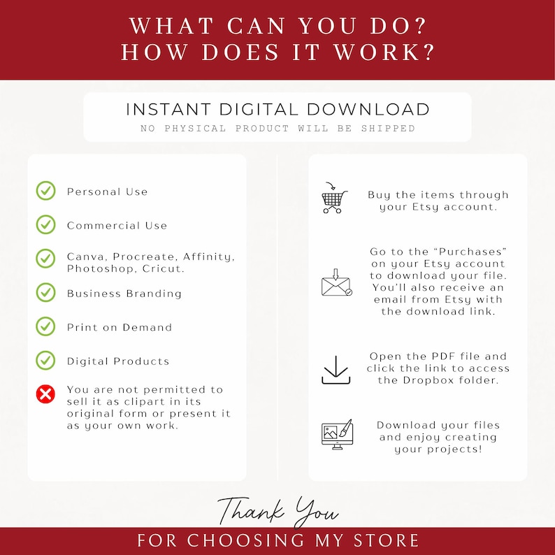 How It Works and Terms of Use information graphic for Hollywood Movie Night Clipart digital download. Lists permitted uses including personal use, commercial use, Canva, Procreate, Affinity, Photoshop, Cricut, business branding, print on demand, and digital products. Step-by-step download instructions via Etsy Purchases and Dropbox PDF link.