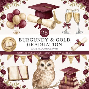 Può includere: Una collezione digitale di 25 elementi clipart ad acquerello per laurea in bordeaux e oro. Include un tocco, un diploma, flûte da champagne, palloncini, un gufo con tocco, libri e accenti floreali con il testo BURGUNDY & GOLD GRADUATION.