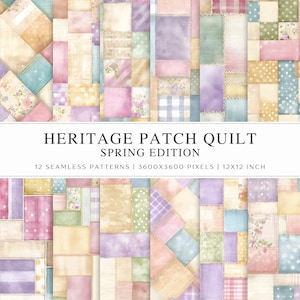Könnte beinhalten: Digitales Bild mit einem Patchwork-Quilt-Design in Pastelltönen. Der Quilt besteht aus rechteckigen und quadratischen Flicken in Rosa, Blau, Lila und Gelb. Der Text "HERITAGE PATCH QUILT SPRING EDITION" ist zu sehen.