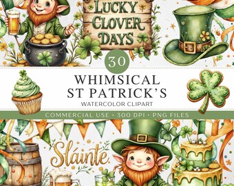 Imágenes prediseñadas del Día de San Patricio / 30 Duendes Fantásticos en Acuarela PNG / Decoración para Fiestas Irlandesas con Tréboles / Monedas de Oro Arcoíris / Uso Comercial