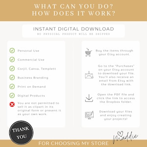 Crafted by Maddison digital download information slide showing permitted uses including commercial use, print on demand, and business branding, with step by step download instructions via Etsy purchase and Dropbox link.