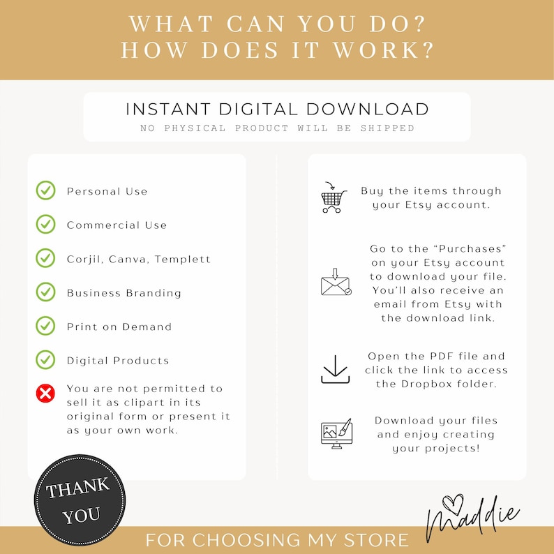 Crafted by Maddison digital download information slide showing permitted uses including commercial use, print on demand, and business branding, with step by step download instructions via Etsy purchase and Dropbox link.