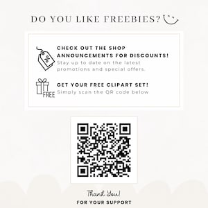 Crafted by Maddison promotional slide offering a free clipart set via QR code scan, with information about shop discount announcements, on a soft cream background with the Maddie signature and thank you message.