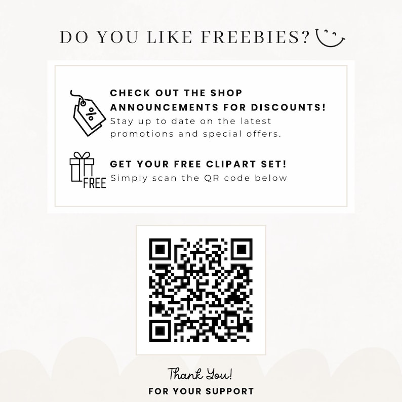 Crafted by Maddison promotional slide offering a free clipart set via QR code scan, with information about shop discount announcements, on a soft cream background with the Maddie signature and thank you message.