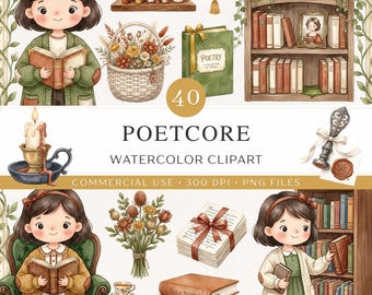 Imágenes prediseñadas Poetcore / 40 imágenes PNG de acuarela con temática literaria / Ilustraciones para amantes de los libros / Estética acogedora para la lectura / Página de diario de poesía / Uso comercial