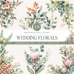 Imágenes prediseñadas de boda con plantas nativas australianas / 16 imágenes PNG de proteas y eucaliptos en acuarela / Flores australianas / Gráficos para invitaciones de boda / Uso comercial