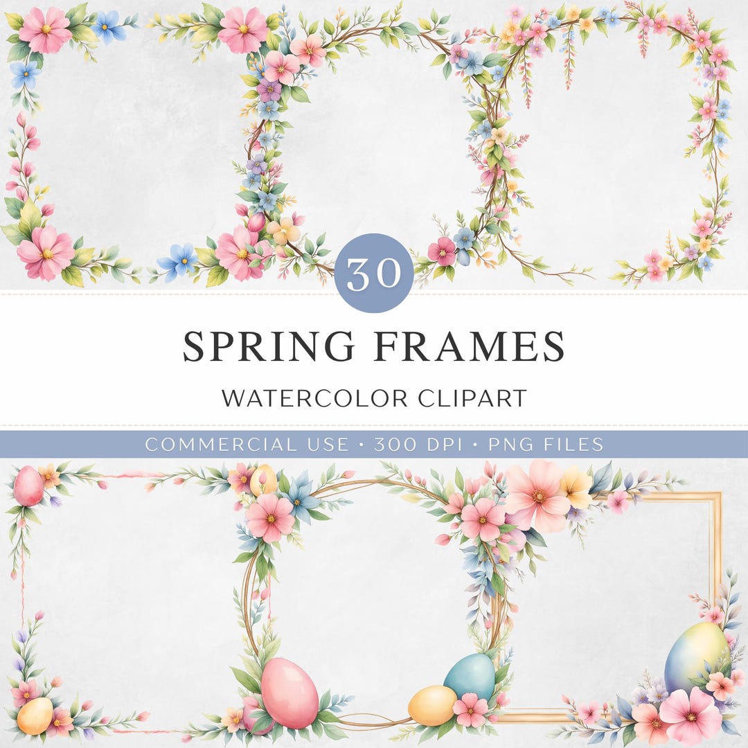 Spring Garden Watercolor Frame Clipart, 30 Pastel Easter Egg Floral PNG ...