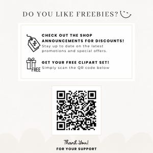 Crafted by Maddison promotional graphic with shop discount announcement and free clipart offer. Features a QR code to access a free clipart set. Neutral cream background with monochrome icons and handwritten thank you sign-off. Encourages buyers to check shop announcements for current promotions and special offers.