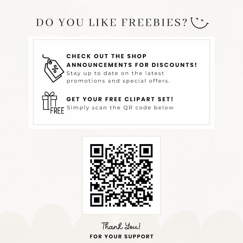 Crafted by Maddison promotional graphic with shop discount announcement and free clipart offer. Features a QR code to access a free clipart set. Neutral cream background with monochrome icons and handwritten thank you sign-off. Encourages buyers to check shop announcements for current promotions and special offers.