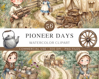 Imágenes prediseñadas de la época de los pioneros / 56 imágenes PNG de la vida rústica en la frontera en acuarela / Ilustraciones de granjas en la pradera / Carro cubierto del Oeste / Uso comercial
