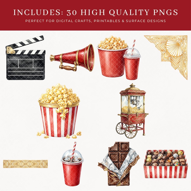 Product contents grid showing 10 Hollywood Movie Night Clipart PNG designs including clapperboard, red megaphone, popcorn and drink combo, gold art deco corner piece, popcorn bucket, vintage popcorn machine, gold art deco divider, iced drink with straw, chocolate bar, and striped chocolate box. 30 high-quality PNGs included, 300 DPI, transparent backgrounds.