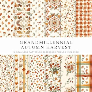 May include: A collection of 12 seamless digital patterns featuring autumn harvest themes with acorns, orange pumpkins, fall leaves, floral bouquets, and plaid designs. The text reads GRANDMILLENNIAL AUTUMN HARVEST, 12 SEAMLESS PATTERNS, 3600X3600 PIXELS, 12X12 INCH.