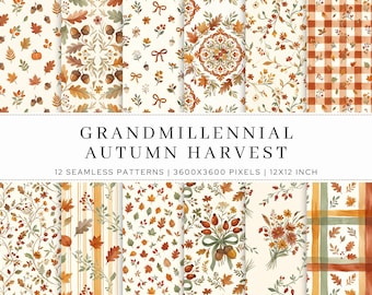 Grandmillennial Seamless Patterns | 12 Autumn Harvest Watercolor JPG | Fall Gingham, Floral | Vintage Repeat Digital Paper | Commercial Use