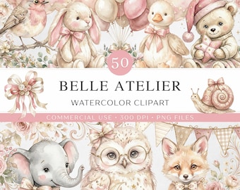 Imágenes prediseñadas de acuarela para baby shower con temática de coquetería, 50 imágenes PNG de color rosa suave para guardería, imágenes prediseñadas de taller para niñas, animales lindos, uso comercial, descarga digital.