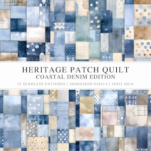 Patchwork Digital Papers | Watercolor Coastal Denim Quilt Seamless Pattern | Navy Blue Nautical Fabric Texture | 12x12 JPG | Commercial Use