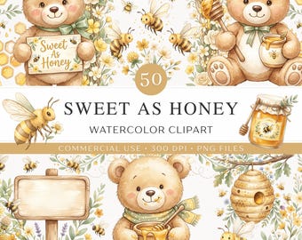 Dulce como la miel Clipart en acuarela / 50 imágenes PNG de abejas y ositos de peluche caprichosos / Abejorro, flores, panal / Invitación para baby shower, decoración de guardería /
