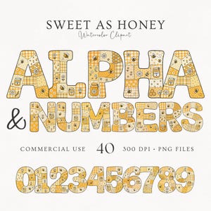 Honig Biene Doodle Alphabet Clipart | 40 Patchwork Alpha PNG | Bee Buchstaben & Zahlen | Sublimationsschrift | Süß wie Honig | Kommerzielle Nutzung
