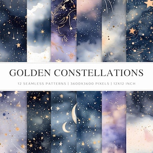 Gouden sterrenbeelden naadloze patronen | Celestial digitaal aquarelpapier | Achtergronden sterrenstelsels en maanstelsels | Directe digitale download