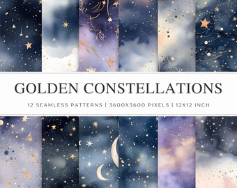 Modèles sans couture de constellations d'or | Papier numérique aquarelle céleste | Fonds d'écran galaxie étoile et lune | Téléchargement numérique instantané
