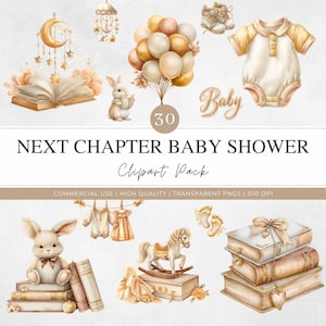 Może przedstawiać: Akwarelowe ilustracje na baby shower, przedstawiające królika, balony, książki i ubranka dla dzieci. Tekst brzmi "Next Chapter Baby Shower Clipart Pack". Obraz zawiera konika na biegunach, buciki i karuzelę.