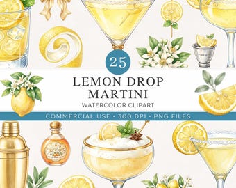 Imágenes prediseñadas de Lemon Drop / 25 Martinis Lemon Drop en acuarela PNG / Bebidas de verano con cócteles cítricos frescos / Invitación para despedida de soltera / Uso comercial