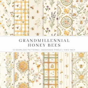 May include: A collection of 12 seamless patterns featuring bees, flowers, and honeycombs. The patterns include various designs such as gingham, stripes, and floral arrangements. The text "GRANDMILLENNIAL HONEY BEES" is displayed, along with the dimensions of the patterns: 12x12 inch.