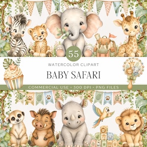 Pode incluir: Uma coleção digital de 55 ilustrações clipart em aquarela com animais bebês de safári, incluindo zebra, leopardo, elefante, girafa, suricato, javali, rinoceronte, leão e papagaio, com bandeirolas decorativas e blocos de montar com letras.