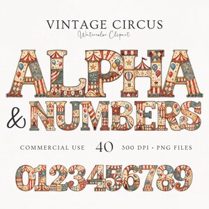 May include: A digital collection of watercolour alphabet letters and numbers titled VINTAGE CIRCUS Watercolour Clipart. The characters feature red, blue, and cream circus-themed patterns including tents, balloons, and stars. Includes 40 PNG files.