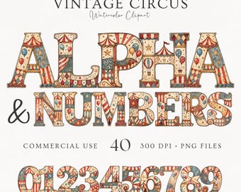 Imágenes prediseñadas de alfabeto de circo vintage / 40 letras PNG de gran carpa / Letras y números de circo / Imprimibles para fiestas de carnaval, sublimación / Uso comercial