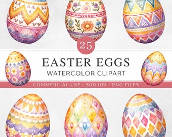Clipart de huevos de Pascua en acuarela, PNG primaverales en tonos pastel, patrones geométricos decorativos coloridos, huevo de sublimación, descarga digital