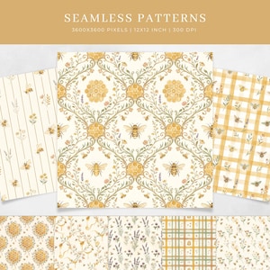 Three watercolor honey bee seamless patterns fanned out showing pinstripe, ornate damask with honeycomb, and golden gingham designs, with a strip of six additional patterns visible along the bottom edge.