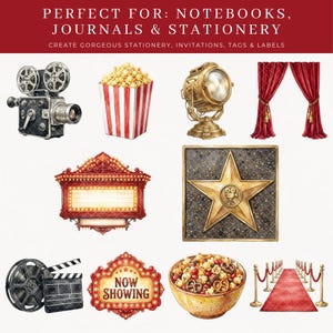 Second artwork grid for Hollywood Movie Night Clipart showing 10 PNG designs including vintage film camera, popcorn box, gold spotlight, red curtains, cinema marquee sign, Hollywood Walk of Fame star, film reel and clapperboard, Now Showing sign, snack mix bowl, and red carpet with gold stanchions. Perfect for stationery, invitations, tags and labels.