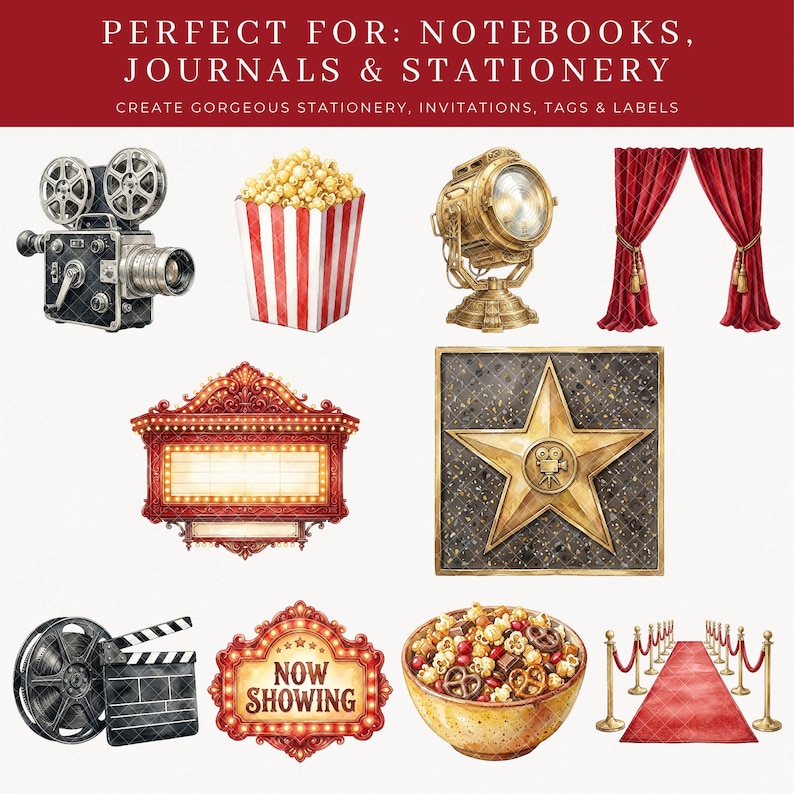 Second artwork grid for Hollywood Movie Night Clipart showing 10 PNG designs including vintage film camera, popcorn box, gold spotlight, red curtains, cinema marquee sign, Hollywood Walk of Fame star, film reel and clapperboard, Now Showing sign, snack mix bowl, and red carpet with gold stanchions. Perfect for stationery, invitations, tags and labels.