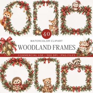 Peut inclure: Une collection de 40 cadres forestiers à l'aquarelle avec de la verdure de Noël, des nœuds rouges, des pommes de pin et des baies. L'ensemble inclut des illustrations de renard, cerf, hibou, hérisson, ours et raton laveur, avec le texte 40 WATERCOLOR CLIPART WOODLAND FRAMES.