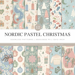 May include: A set of 12 seamless patterns with a Nordic Pastel Christmas theme. The patterns feature festive illustrations such as Christmas trees, candles, ornaments, and reindeer, in soft pastel colours. The image includes the text "NORDIC PASTEL CHRISTMAS".