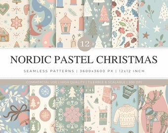 Patrones navideños sin costuras en tonos pastel nórdicos / Papel digital de invierno escandinavo / Diseños hygge para scrapbooking y manualidades / Descarga digital