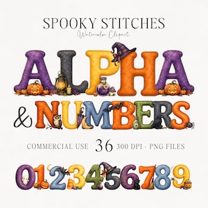 Könnte beinhalten: Ein digitales Grafikset mit dem Titel SPOOKY STITCHES Watercolor Clipart, das Buchstaben und Zahlen von 0 bis 9 zeigt, verziert mit Halloween-Motiven wie Kürbissen, Fledermäusen, Eulen, Hexenhüten, Laternen und Zaubertränken in Lila, Orange und Grün.