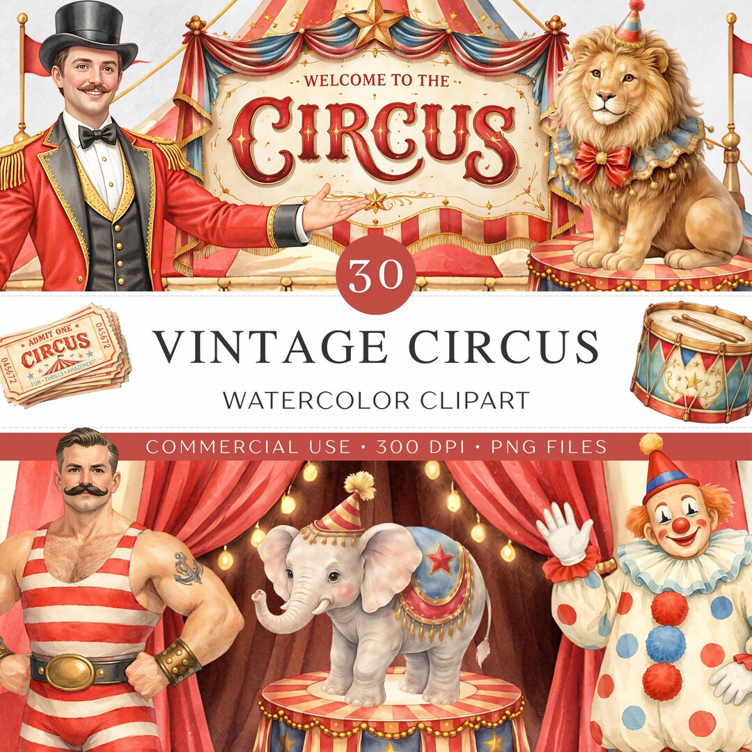 Vintage Circus Watercolor Clipart | Carnival Animals, Performers ...