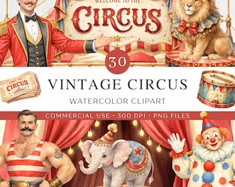 Imágenes prediseñadas de circo vintage en acuarela / Paquete PNG de animales de carnaval, artistas y puestos / Invitaciones de cumpleaños, imprimibles para fiestas / Uso comercial