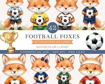 Imágenes prediseñadas de zorros futbolistas en acuarela / 42 imágenes PNG de fútbol internacional chibi / Lindos personajes de zorros deportivos (niño y niña) de 20 países / Uso comercial