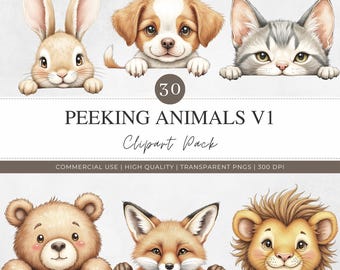Imágenes prediseñadas de animales asomados, caras de animales peculiares, ilustraciones en acuarela, criaturas del bosque y la granja, descarga digital