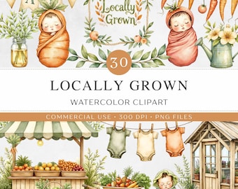 Imágenes prediseñadas de granja en acuarela para baby shower, 30 imágenes PNG de jardín cultivado localmente, invitaciones para guardería, uso comercial.