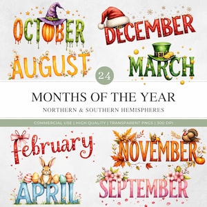 May include: Watercolor illustrations of months of the year, including October, December, August, and March, each decorated with seasonal elements like a witch's hat, Santa hat, and shamrock. The image also includes the text "MONTHS OF THE YEAR".