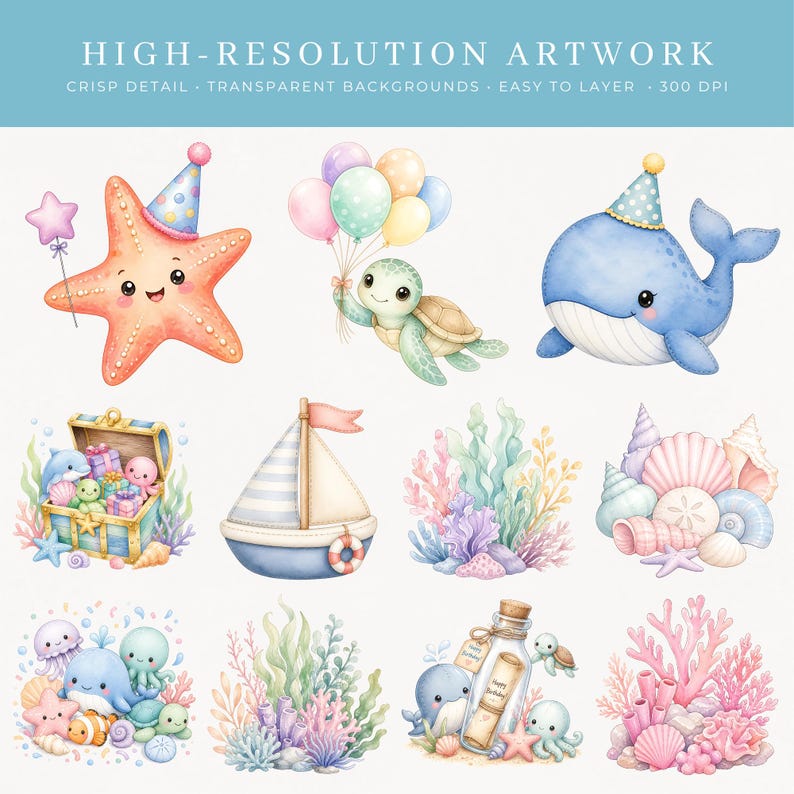Under the Sea Birthday Clipart | 35 Watercolor Ocean Birthday PNG ...