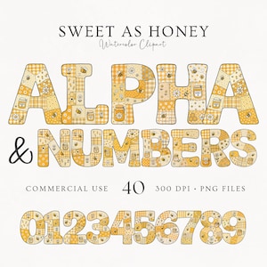 May include: A digital graphic set titled SWEET AS HONEY Watercolor Clipart featuring the letters ALPHA & NUMBERS and digits 0-9. Each character has a yellow and white patchwork pattern with illustrations of bees, honey jars, and flowers.