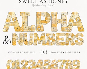 Imágenes prediseñadas del alfabeto de abejas melíferas estilo doodle / 40 letras PNG de patchwork / Letras y números de abejas / Fuente de sublimación / Dulce como la miel / Uso comercial