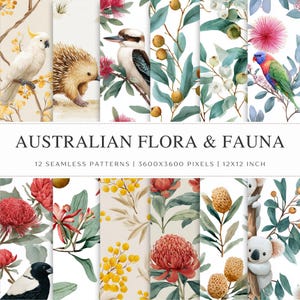 Australian Flora Fauna Seamless Patterns | 12 Watercolor Native Wildlife Botanical JPEG | Koala Waratah Wattle Eucalytptus | Commercial Use