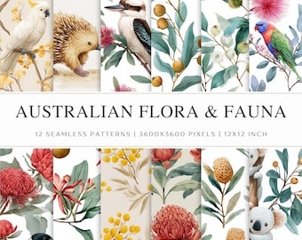 Patrones sin costuras de flora y fauna australianas / 12 imágenes JPEG de vida silvestre nativa en acuarela, botánica / Koala, Waratah, Acacia, Eucalipto / Uso comercial